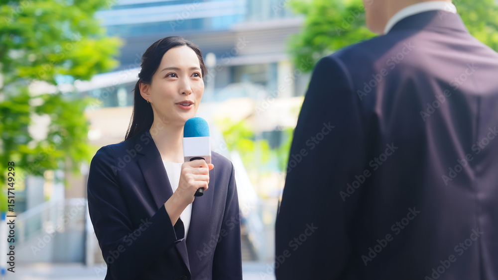 Aufkleber インタビュー、街頭、レポーター、テレビ、報道、放送、記者会見、ニュース、質問、中継、収録、女性、アナウンサー、リポーター、屋外、駅前、取材、口コミ、クチコミ、意見、感想、マイク、笑顔、日本人、男性、番組、TV、アンケート、調査、リサーチ、ビジネスウーマン、キャリアウーマン、ビジネス、新緑、都会、都市、会話、若い、美人、歩行者、世論、インタビュアー、VTR、街録、録画、トレンド、宣伝、CM、囲み取材