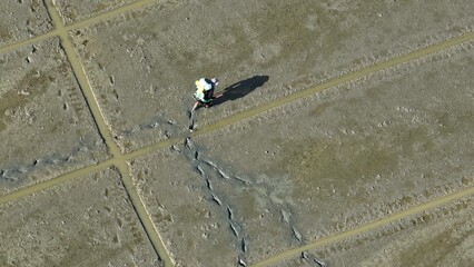 Workers guide automated seed planters through vast rice fields, as seen from the sky, highlighting...