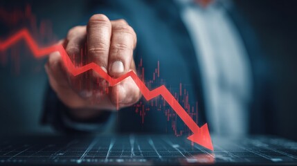 A hand points to a red downward graph arrow, symbolizing financial decline or negative market trends.