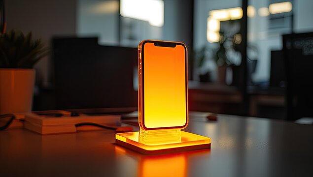 Illuminated smartphone on a glowing stand in a modern office