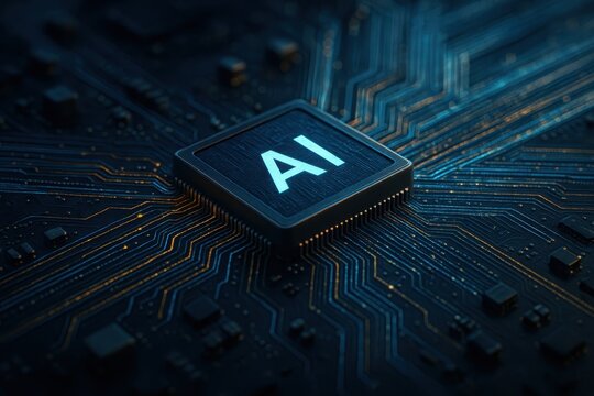 Futuristic AI Powered Microchip Close-Up Macro Shot of a Computer CPU Motherboard with Glowing Circuits and Data Streams Deep Learning Concept