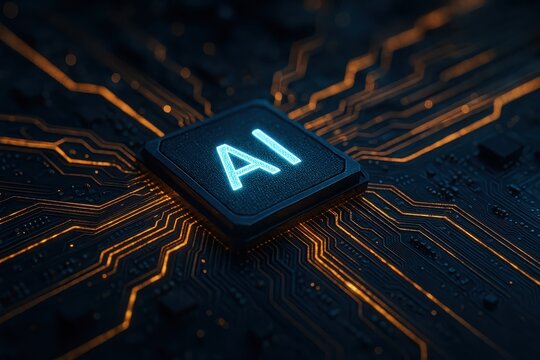 Futuristic AI Powered Microchip Close-Up Macro Shot of a Computer CPU Motherboard with Glowing Circuits and Data Streams Deep Learning Concept