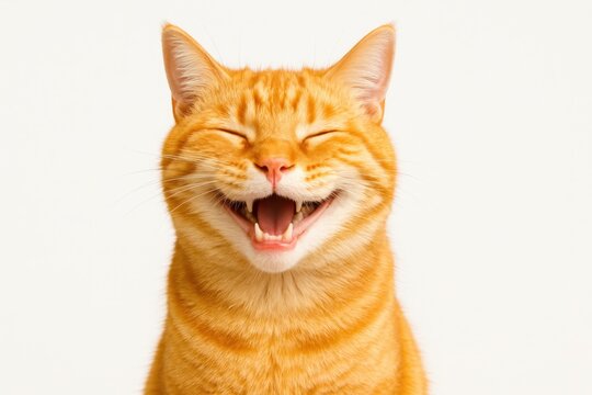 Hilariously Happy Orange Tabby Cat with a Wide Grin and Squinted Eyes Laughing Out Loud Isolated on White Background