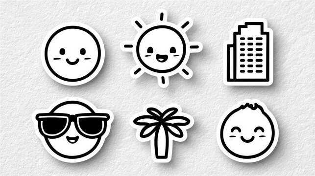 An assortment of cheerful emojis representing sun buildings sunglasses palm trees and happiness evoking joyful moments in playful designs conveying positivity creativity and fun
