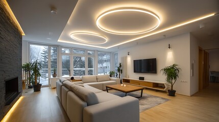 A modern living room with warm led lighting fixtures illuminating the space efficiently, include a mix of ceiling lights, floor lamps, and under-cabinet lighting for a cozy ambiance