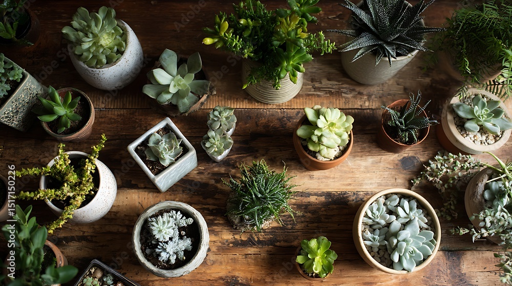 Poster a selection of different types of succulents and indoor plants arranged on a wooden table, symbolizi
