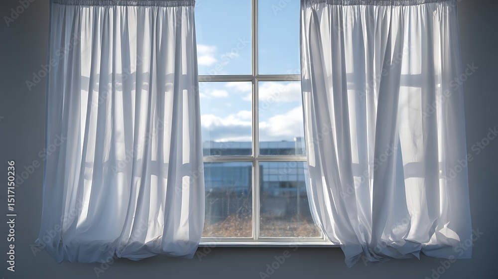 Poster A temporary white curtain hangs in front of a window, gently swaying in the breeze, the soft fabric partially obscures the view outside, adding a touch of privacy to the room