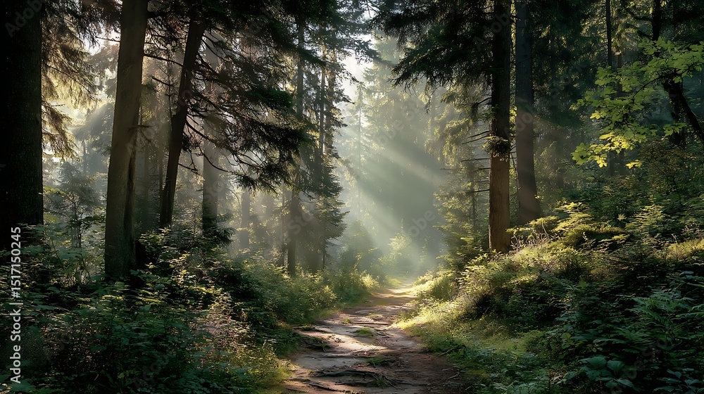 Poster a path through a forest with sunlight shining down on it, ai