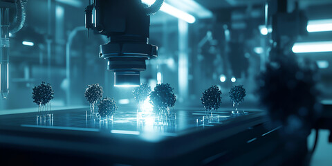 Futuristic microscope analyzing virus particles with glowing effects in high-tech laboratory  
