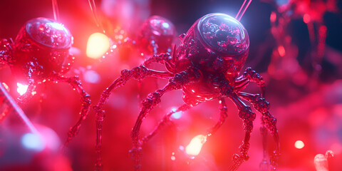 3D rendering of virus particles with red glowing effect symbolizing infection and danger  
