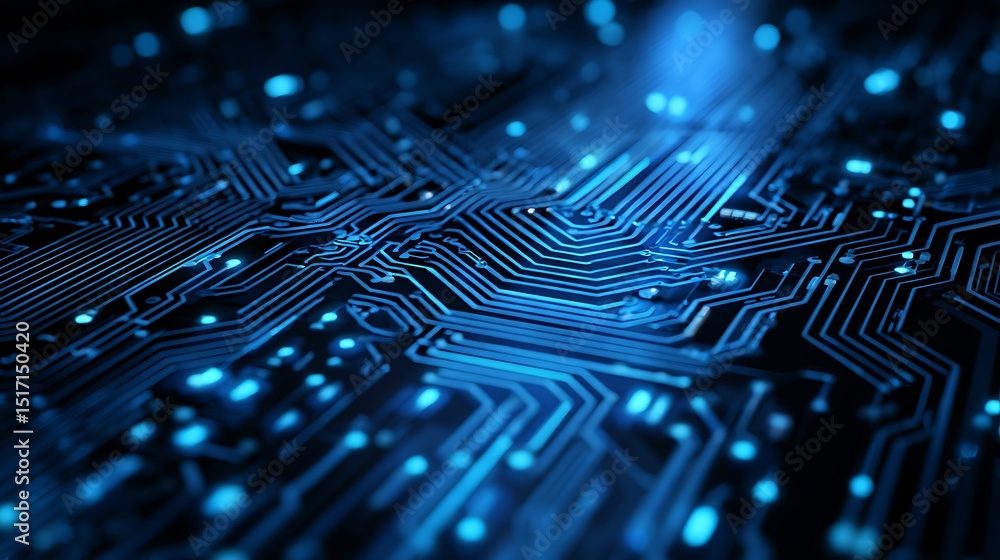 Poster abstract digital circuit board on blue tech background, circuit connected lines and dots on motherbo