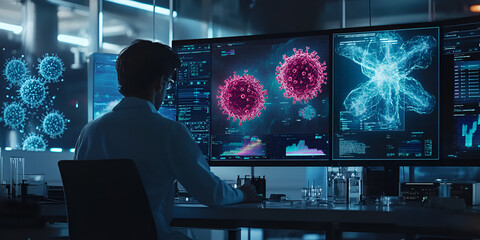 Scientist analyzing virus data and molecular structures on multiple digital screens in lab  
