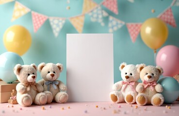 Baby shower invitation mockup card with teddy bears and balloons on pastel background. Blank card to add text. Celebrate new baby arrival. Decorative design event for baby shower.