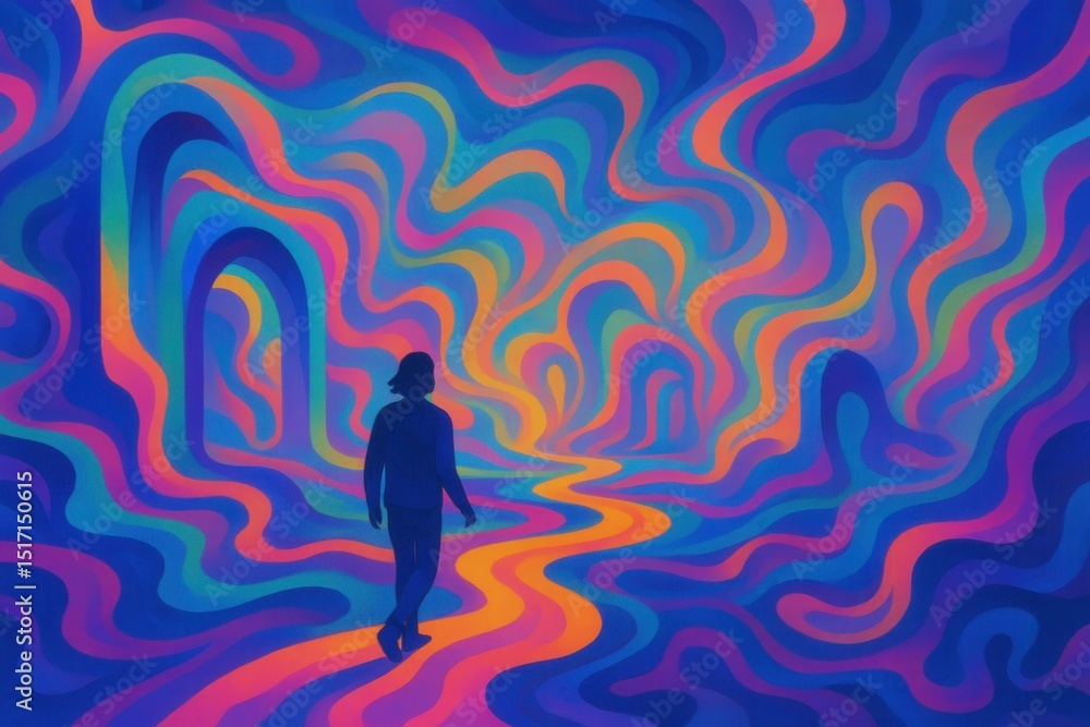 Poster surreal dreamscape journey a vivid psychedelic exploration of abstract shapes and impossible geometr