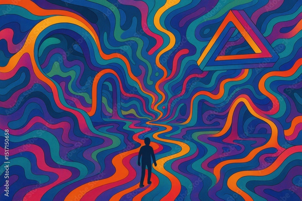 Poster surreal dreamscape journey a vivid psychedelic exploration of abstract shapes and impossible geometr