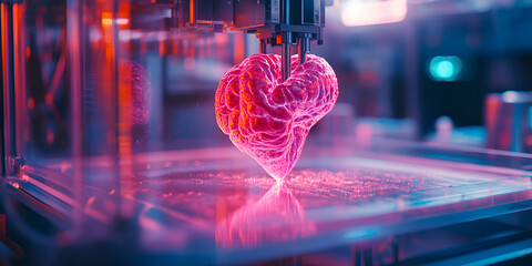 3D printed glowing heart model displayed in futuristic laboratory for medical research and innovation  
