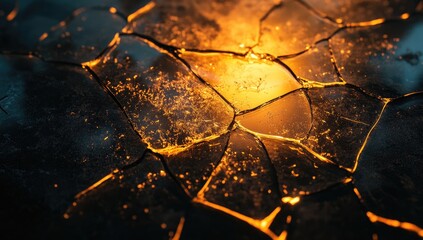 Cracked, glowing surface.  Golden fissures in dark stone