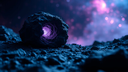 Luminous Crystalline Veins on Desolate Asteroid Surface in Violet Nebula