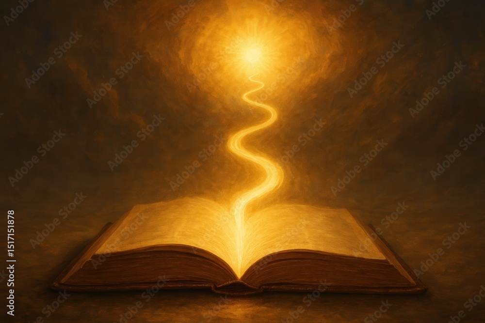 Poster symbolic image of an open antique book with glowing pages transforming into a luminous pathway leadi