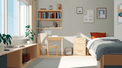 Bright minimalist youth dorm room with typical decoration and furniture as digital illustration