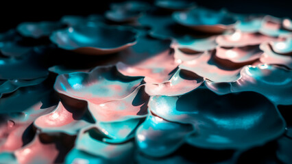 Fototapeta premium Layered Ceramic Pigment Sculpture – Teal, Rose, Geometric Patterns in Dramatic Light