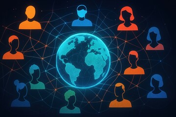 Abstract representation of global teamwork with interconnected diverse human figures forming a network around a glowing stylized world map.