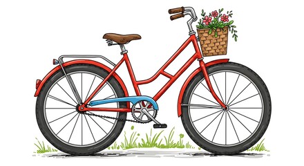 Fototapeta premium Red vintage bicycle with basket and flowers