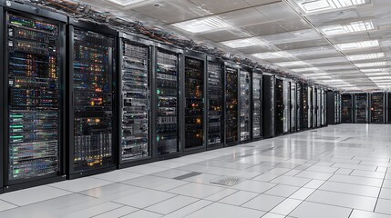 Data center server room, network communication, colorful neon server racks, and telecommunication equipment, optical fiber in a cutting-edge technology background
