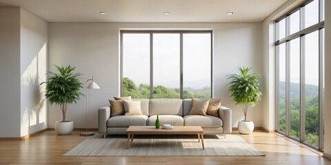 Minimalist living room with a large window and natural light, minimalism