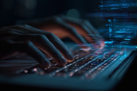 Hands typing on a keyboard amidst a futuristic interface. Digital technology intertwines with the user's interaction. - Powered by Adobe