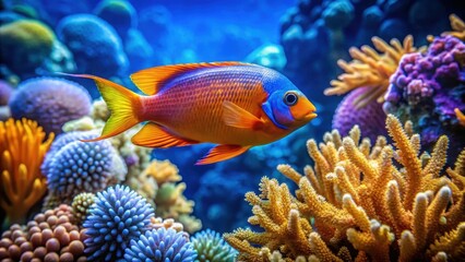 Vibrant orange and blue fish swimming near coral reef, underwater scene, ocean,  underwater scene