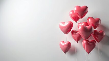 Heart-shaped balloons floating gently above a minimalist white background, heart balloons, soft love hearts on light background