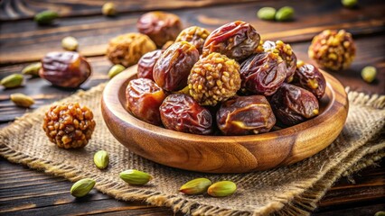 A cluster of dried dates and pistachio balls nestled among the wood grains of a wooden plate, with some loose nuts spilling out, creating a cozy atmosphere, pistachios, organic display