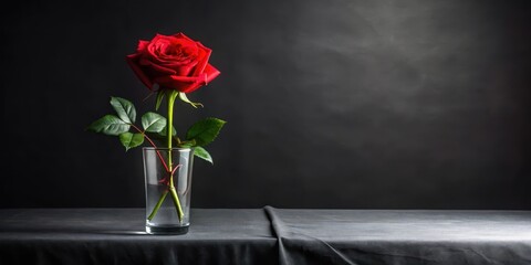A single red rose blooms in a vase on a sleek black tablecloth , roses, simple