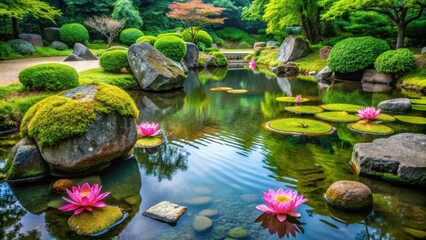 A serene pond with water lilies and a few lotus flowers surrounded by moss-covered stones in a traditional Japanese garden setting, naturescapes, lakescapes