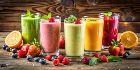 Colorful fruit smoothies in tall glasses filled with a mix of juicy fruits and creamy yogurt on a wooden table , refreshing