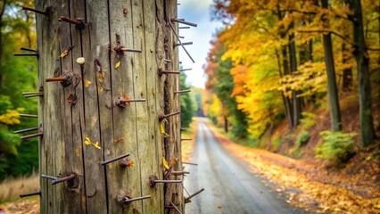 Telephone pole with staples stuck in the wooden part near the top and some leaves and twigs falling from it on a rural road, wooden structure, twigs
