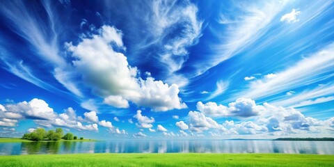 Serene landscape with blue sky and wispy white clouds against a bright blue background, nature, idyllic,  nature