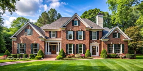 Traditional Brick House on Green Lawn with Mature Trees, outdoor spaces, classic homes