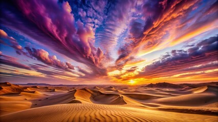 Vibrant sunset with swirling clouds and purple hues over a vast desert landscape, featuring sandy dunes and rocky formations, desert landscape, sand dunes