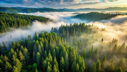 Foggy Morning in a Dense Green Pine Forest from Drone Aerial View, fresh air, mountainous terrain