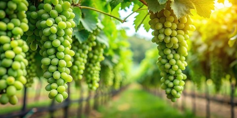 green grapes on the vine ready for harvest, clusters of green fruit hanging from vines in a lush green orchard
