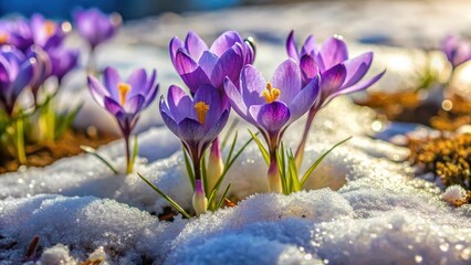 delicate purple flowers blooming in the thawing landscape, snow melting around them, winter's last remnants slowly disappearing , thawing earth, frozen landscape