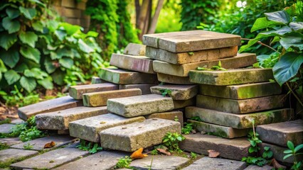 A close-up of a pile of weathered paving stones in a garden, with overgrown vegetation surrounding them , outdoor elements, paving stones