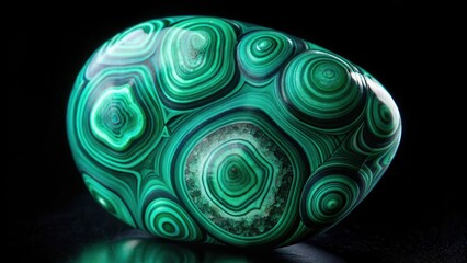 Malachite gemstone on black background with intricate patterns and swirling shapes, crystal malachite, crystal formation