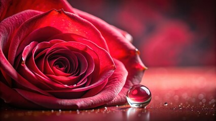 Romantic red rose in water droplet on crimson background with soft focus effect
