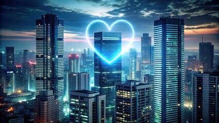 A futuristic skyscraper with a glowing heart-shaped cutout at its peak, surrounded by city lights