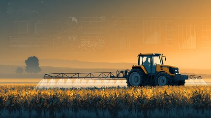 Irrigation tractor driving spraying or harvesting an agricultural crop at sunset with information infographic data datum as banner design for agriculture industry and food supply production concepts
