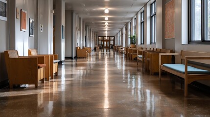 Naklejka premium Long corridor with furniture in school building