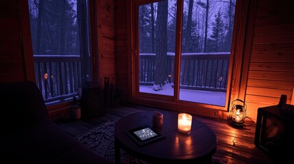 Interior of a cozy cabin at night overlooking a snowy landscape